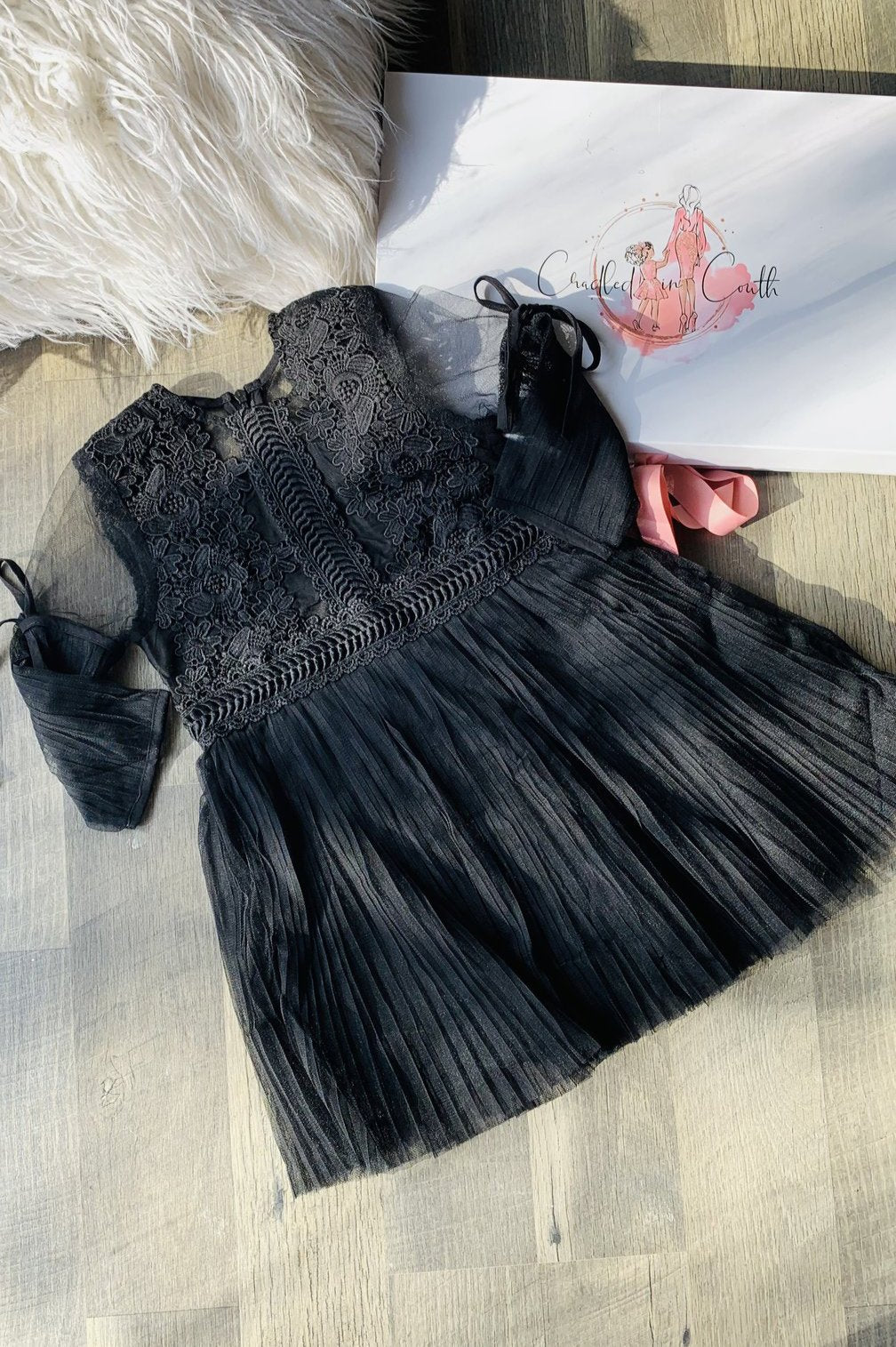 Black tulle dress with sheer sleeves