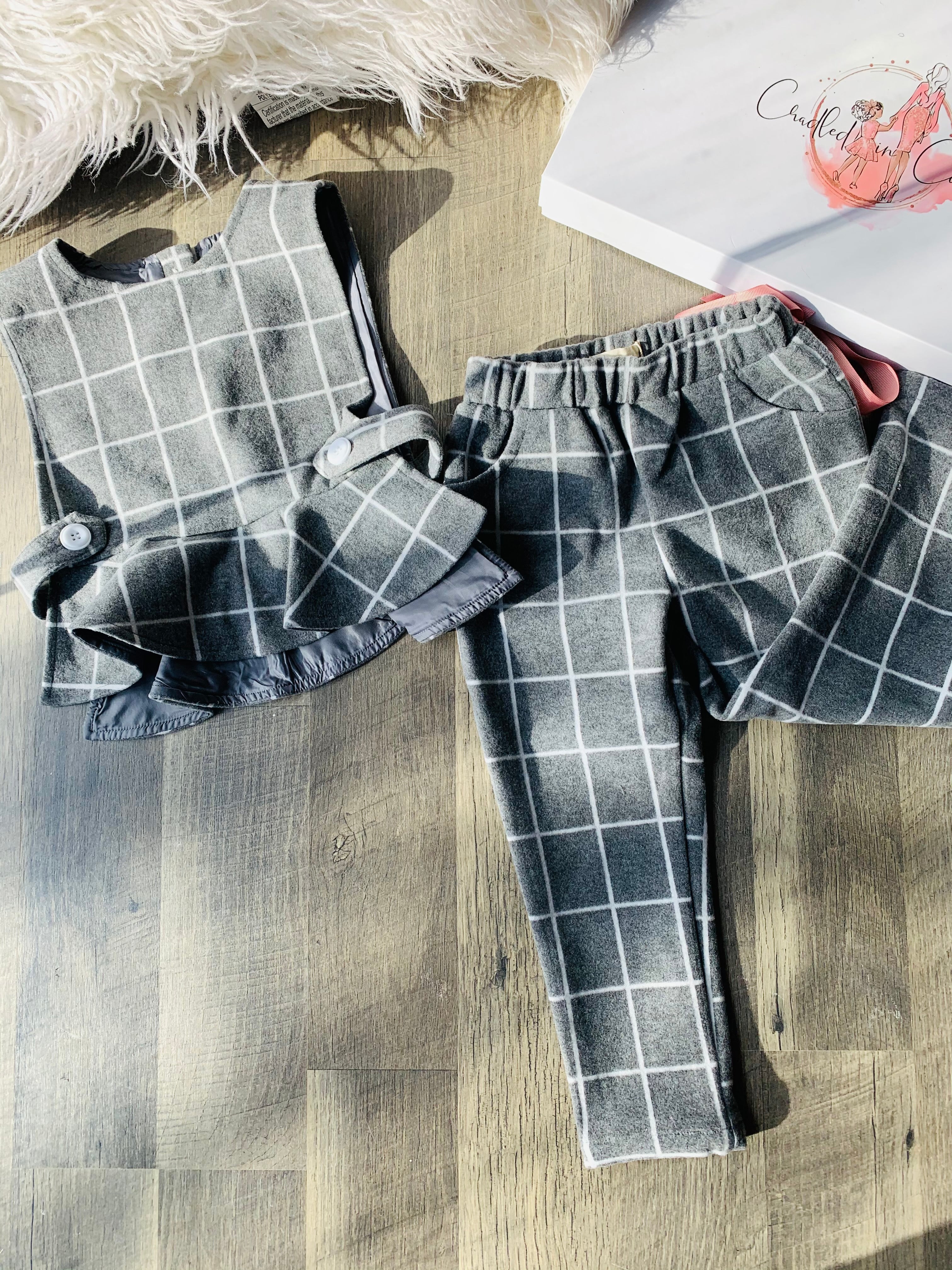 Grey window pane striped set