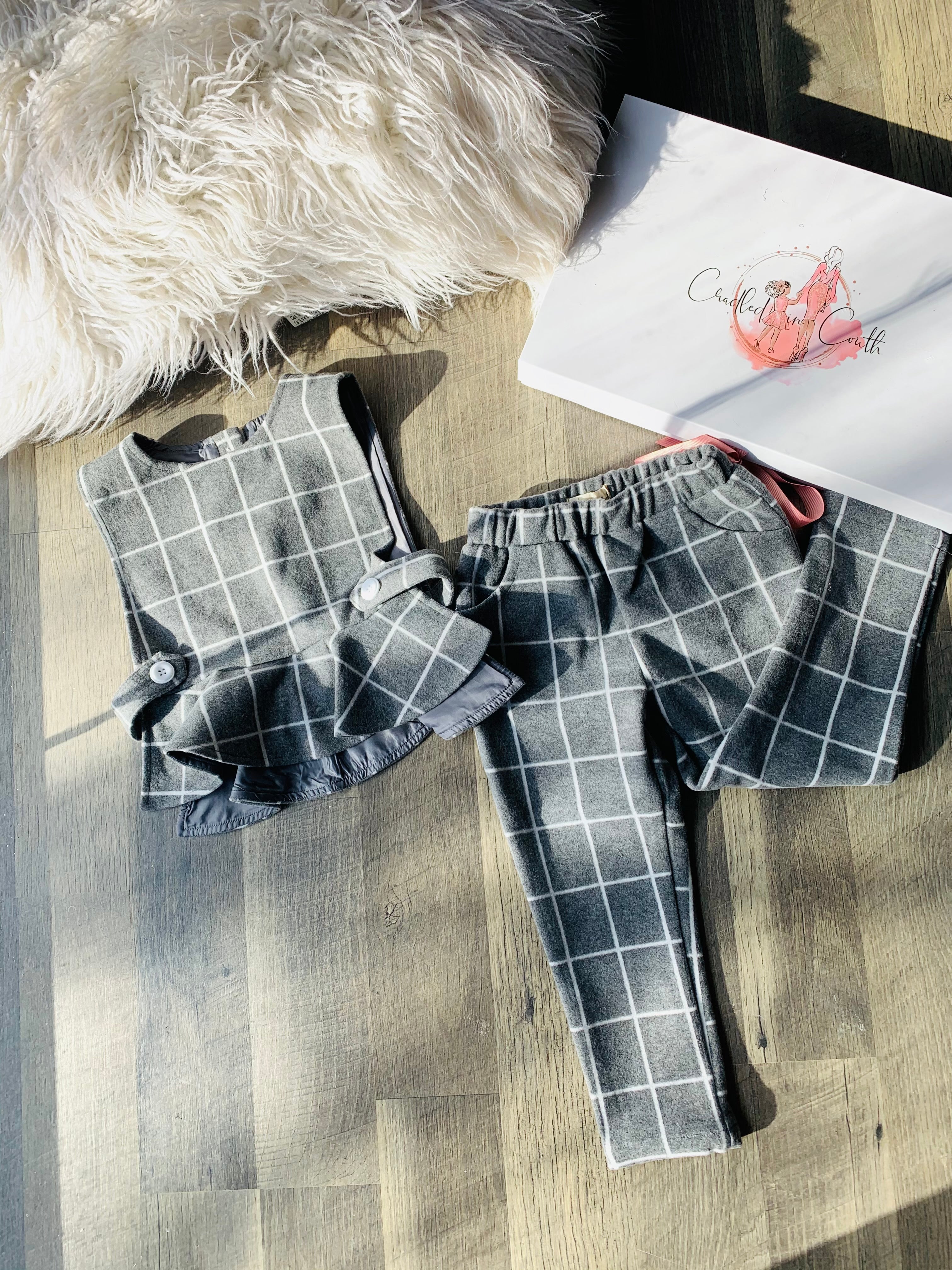Grey window pane striped set